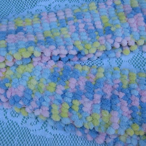 ON SALE Pom Pom Scarf Hand Knitted in shades of Pink, Blue, Yellow pastels image 2