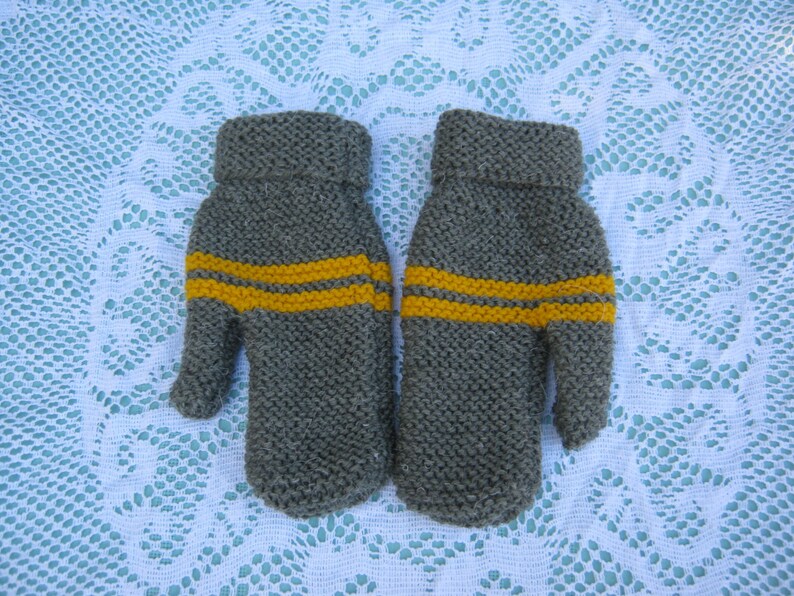 Beautiful Green/Grey and Yellow Mittens for Child Hand Knitted image 1