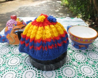 Vintage Tea Cozy - Stripey - Blue, Red, Yellow - Vintage Style for your teapot.