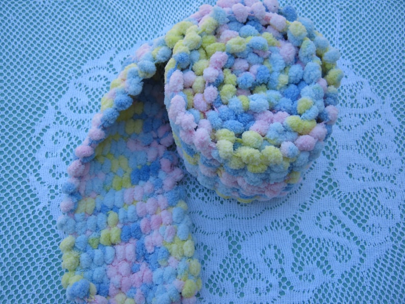 ON SALE Pom Pom Scarf Hand Knitted in shades of Pink, Blue, Yellow pastels image 1