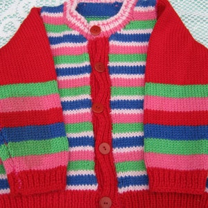 Gorgeous Multicoloured Striped Cardigan Hand Knitted for a Girl Aged around 2 to 3 years.