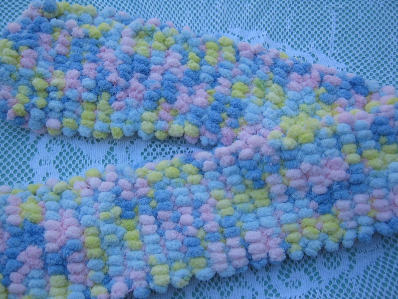 ON SALE Pom Pom Scarf Hand Knitted in shades of Pink, Blue, Yellow pastels image 4