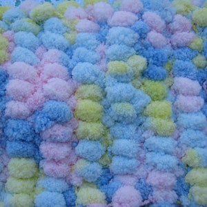 ON SALE Pom Pom Scarf Hand Knitted in shades of Pink, Blue, Yellow pastels image 3