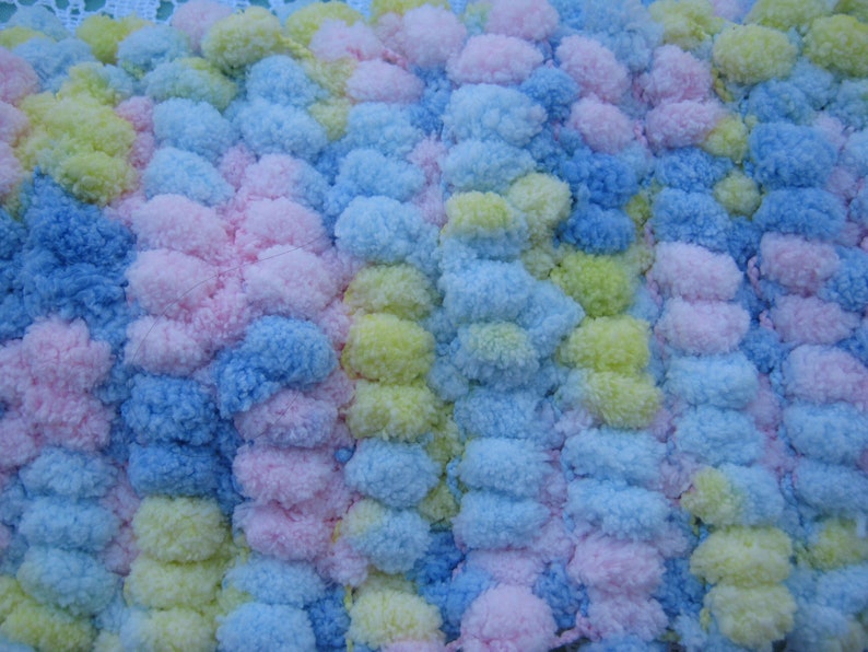 ON SALE Pom Pom Scarf Hand Knitted in shades of Pink, Blue, Yellow pastels image 3