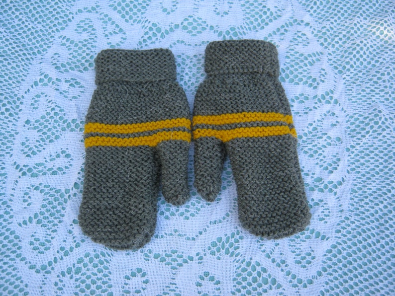 Beautiful Green/Grey and Yellow Mittens for Child Hand Knitted image 2