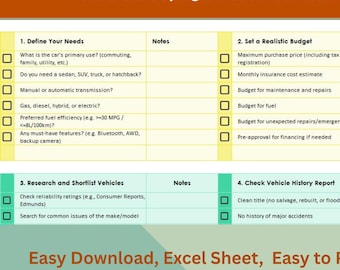 Lista de verificación para la compra de autos usados / Archivo Excel imprimible / Guía de inspección de vehículos / Lista de verificación previa a la compra para compradores / Planificador para compradores de autos
