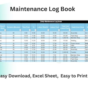 May include: A digital maintenance log book with a blue and white design. The log includes columns for date, duration, time, labor costs, and equipment. The text at the bottom says "Easy Download, Excel Sheet, Easy to Print."