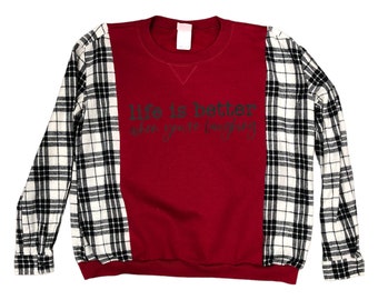 Upcycled life is better crew sweatshirt reworked flannel oversized refashion maroon white and black plaid reconstructed pullover OOAK