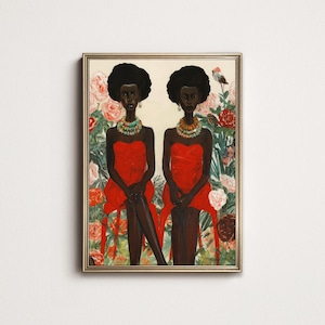 Black Women Portrait Art Print: Afrocentric Sisters in Red (Digital Download)