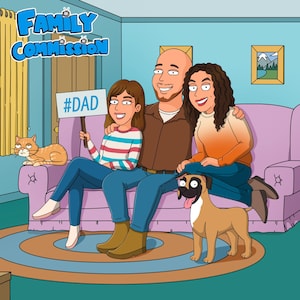 Peut inclure: Portrait de famille de dessin animé avec un homme, deux femmes, un chat et un chien. La femme de gauche tient une pancarte avec #DAD. La famille est assise sur un canapé violet. Le texte "Family Commission" est en haut.