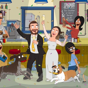 Op de afbeelding: Een cartoon illustratie van een bruiloft in een diner setting. De afbeelding toont een bruid en bruidegom, familie en honden. De achtergrond bevat een schoolbord met de tekst "Burger of the Day". Confetti valt.