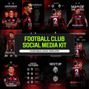 Puede incluir: Un kit de redes sociales para clubes de fútbol con diez plantillas editables de Canva. El diseño muestra varios formatos, incluyendo gráficos de día de partido, alineaciones, perfiles de jugadores, calendarios y clasificaciones en negro y rojo.