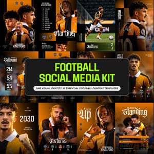 May include: A digital football social media kit featuring ten templates with a black and orange colour scheme. The graphics display football players in team kits, match statistics, league tables, and fixture schedules with bold typography.