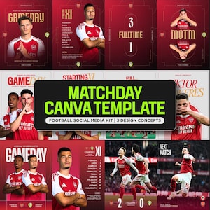Peut inclure: Un kit de modèles Canva numérique pour les réseaux sociaux de football avec plusieurs concepts de design en rouge et blanc. Les graphiques présentent des joueurs d'Arsenal en maillot, des infos de match, des compositions et des scores.