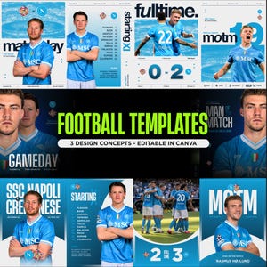 Peut inclure: Une collection de modèles numériques de football présentant des maillots bleu clair avec des accents blancs et la marque MSC. Les designs incluent des graphiques de jour de match, des compositions d'équipe et des annonces d'homme du match.