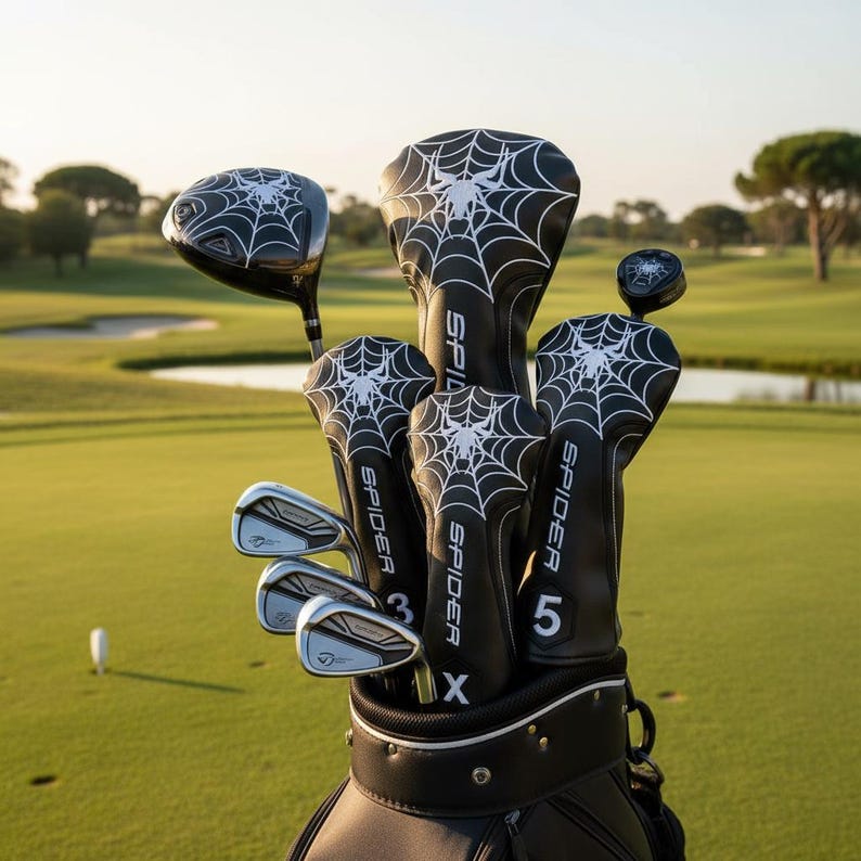 Op de afbeelding: Een set golfclubs in een zwarte golftas op een groene golfbaan. De clubhoofden en hoezen hebben een wit spinnenwebontwerp. De hoezen zijn gemarkeerd met "SPIDER" en genummerd 3 en 5.