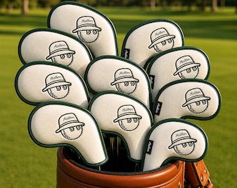 Malbon Golf Iron Covers Set – Premium PU Leather Headcovers with Bucket Ball Logo – stick & magnet Closure –Full 8 pc Set (5,6,7,8,9,P,A,S)