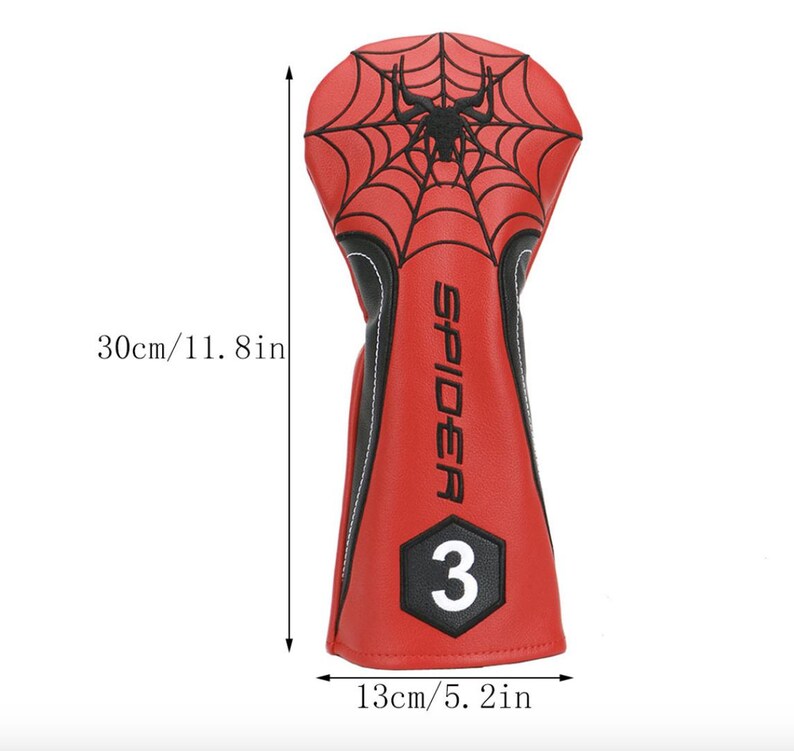 Op de afbeelding: Rode en zwarte golfclubhoofdbeschermer met een spinnenwebontwerp en het woord "SPIDER". De hoes is 30 cm lang en 13 cm breed, met het nummer "3" aan de onderkant.