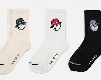 Malbon Golf Socks 3 Pack – Bucket Logo Crew Socks | Golf Lifestyle Socks Set | Premium Golf Socks Black White Beige | mens Golf Gift US 7-12