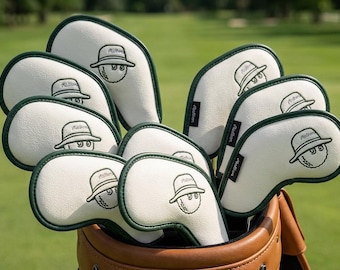 Malbon Golf Iron Covers Set – Premium PU Leather Headcovers with Bucket Ball Logo – stick & magnet Closure –Full 8 pc Set (5,6,7,8,9,P,A,S)
