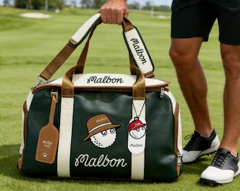 Malbon Golf bag  "Buckets" luxury Duffle Bag – White & Black Leather Travel Weekender, Golf Gift