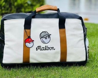 Malbon Golf bag  "Buckets" Premium Duffle Bag – White & Black Leather Travel Weekender, Golf Gift