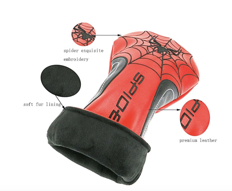 Op de afbeelding: Rode golfclubhoofdbeschermer met een zwart spinnenwebontwerp en het woord "SPIDER" in zwart. De hoes heeft een zachte voering van imitatiebont en is gemaakt van premium leer. De prachtige spinnenborduurwerk voegt een unieke touch toe.