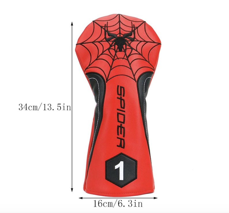 Op de afbeelding: Rode en zwarte golfclubhoofdbeschermer met een spinnenwebontwerp en het woord "SPIDER". De hoes is 34 cm lang en 16 cm breed, met het nummer "1" aan de onderkant.
