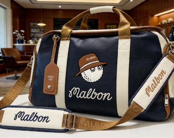 Malbon Golf bag  "Buckets" luxury Duffle Bag – White & Black Leather Travel Weekender, Golf Gift