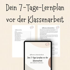 Può includere: Un tablet digitale mostra un quaderno di lavoro in tedesco intitolato "Dein 7-Tage-Lernplan vor der Klassenarbeit". Il quaderno di lavoro è progettato per aiutare gli studenti a prepararsi agli esami. Sono visibili due pagine stampate con testo.