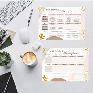 May include: Two beige and brown weekly planner sheets with the text "WOCHENPLAN & Lernplan" and daily schedules. A keyboard, mouse, pen, and coffee cup are on a white surface.