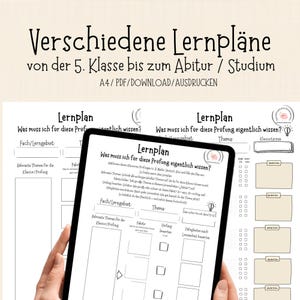 May include: A digital download of printable study planners in German. The planners are designed for students from 5th grade through university. The image shows a tablet displaying a planner with sections for subjects, themes, and notes.