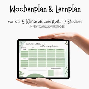 Könnte beinhalten: Ein digitaler Planer auf einem Tablet, der einen Wochenplan mit Abschnitten für Fächer und To-Do-Listen zeigt. Der Text "Wochenplan & Lernplan" steht oben, darunter deutscher Text. Der Planer hat ein grün-weißes Farbschema.