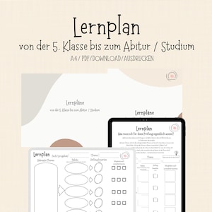 Könnte beinhalten: Ein digitaler Download eines Lernplans namens "Lernplan" für Schüler der 5. Klasse bis zum Abitur/Studium. Das Bild zeigt ein Tablet und gedruckte Blätter mit dem Layout des Lernplans, einschließlich Themen und Bewertung.