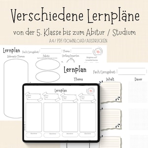 May include: A selection of black and white printable learning plan templates. The image includes the text "Verschiedene Lernpläne von der 5. Klasse bis zum Abitur / Studium" and "A4 / PDF / DOWNLOAD / AUSDRUCKEN".