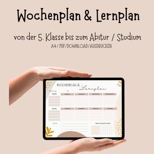 Könnte beinhalten: Ein digitaler Wochen- und Lernplan, der auf einem Tablet angezeigt wird. Der Planer hat ein beige-braunes Farbschema mit Abschnitten für Fächer, Aufgaben und Gewohnheiten. Der Text oben lautet "Wochenplan & Lernplan".