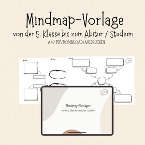 May include: A digital mind map template with the text "Mindmap-Vorlage" and "von der 5. Klasse bis zum Abitur / Studium". The template is displayed on a tablet and printed sheets. The design is in black and white with a beige background.