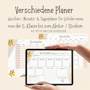 Op de afbeelding: Een digitale planner met wekelijkse, maandelijkse en dagelijkse lay-outs voor studenten. De planner bevat secties voor planning, takenlijsten en notities. De achtergrond is beige met gouden bladaccenten. De tekst luidt "Verschiedene Planer".