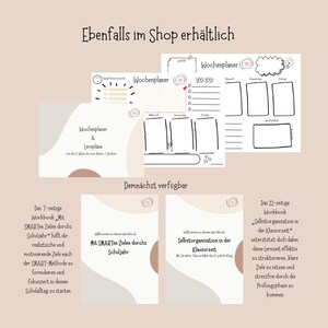 May include: A collection of printable planners and workbooks in a neutral color palette. The image includes weekly planners, to-do lists, and workbooks focused on goal setting and self-organization for the school year and exam periods.