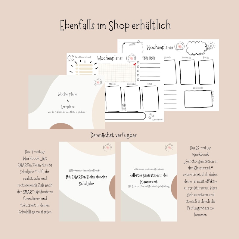 May include: A collection of printable planners and workbooks in a neutral color palette. The image includes weekly planners, to-do lists, and workbooks focused on goal setting and self-organization for the school year and exam periods.