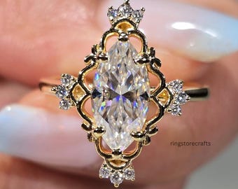 Marquise Cut Moissanite Diamond Engagement Ring Yellow Gold Vintage Inspired Halo Bridal Ring Women Elegant Fine Jewelry Anniversary Gift