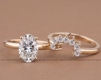 Oval Cut Moissanite Engagement Ring, Curved Pave Wedding Band Set, Yellow Gold Bridal Ring, Toi Et Moi Inspired Ring, Promise Ring Gift