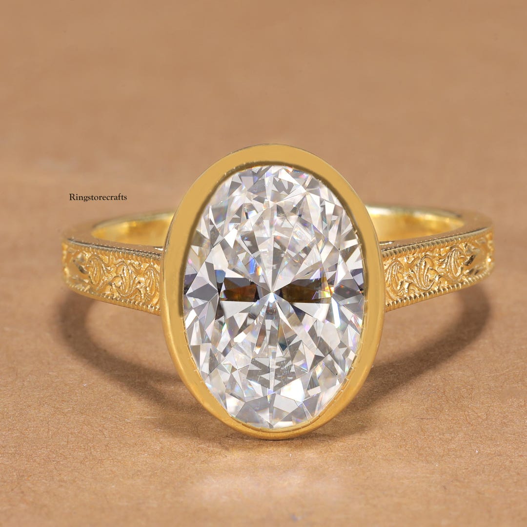 Oval Cut Moissanite Bezel Engagement Ring in Solid Gold Simple ...
