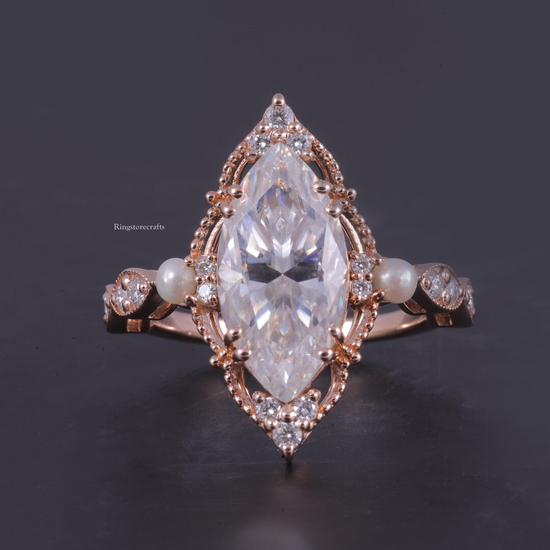 Marquise Cut Moissanite Engagement Ring in 14K Rose Gold Art Deco ...