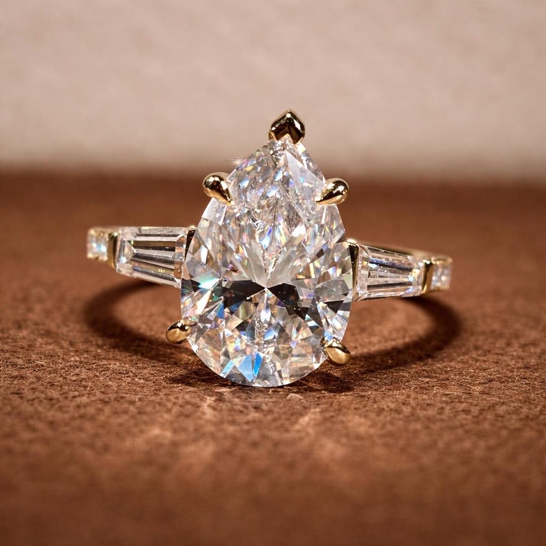 Pear Cut Moissanite Engagement Ring, Three Stone Gold Ring With Tapered ...