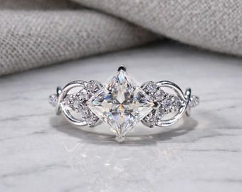 3 TCW Princess Cut Moissanite Engagement Ring with Round Side Diamonds in Silver Sparkling Proposal or Anniversary Ring for Girlfriend