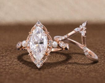 Marquise Cut Moissanite Bridal Ring Set Diamond Wedding Ring Set Rose Gold Vintage Engagement Ring Gift for Her Unique Halo Matching Bands