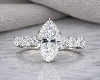 Luxury 4 TCW Marquise Cut Moissanite Ring with Marquise and Round Side Stones in Silver Bridal Ring for Women Anniversary or Proposal Gift