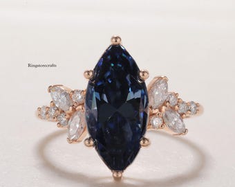 Blue Marquise Moissanite Engagement Ring in Rose Gold Vintage Handmade Wedding Jewelry Statement Anniversary Ring Christmas Gift for Women