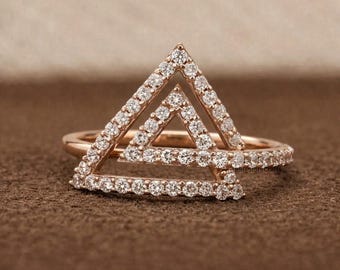 Geometric Triangle Moissanite Diamond Ring White Gold Pave Set Minimalist Statement Ring Modern Handmade Jewelry Anniversary Gift for Her.